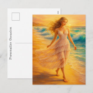 Breezy Ocean Vibrant Watercolor Beach Stroll Art Holiday Postcard