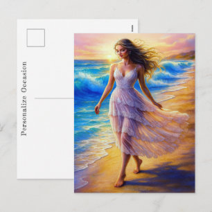 Breezy Ocean Watercolor Vibrant Beach Stroll Art Holiday Postcard