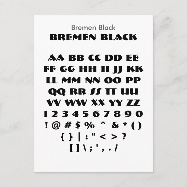 Bremen Black - Zazzle Font Sampler Sheet Postcard (Front)