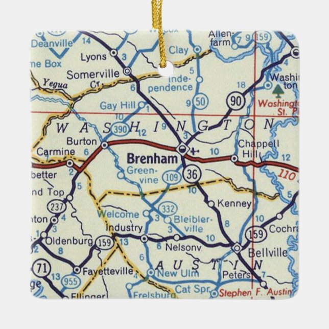 Brenham Texas Christmas Ornament With Vintage Map (Front)