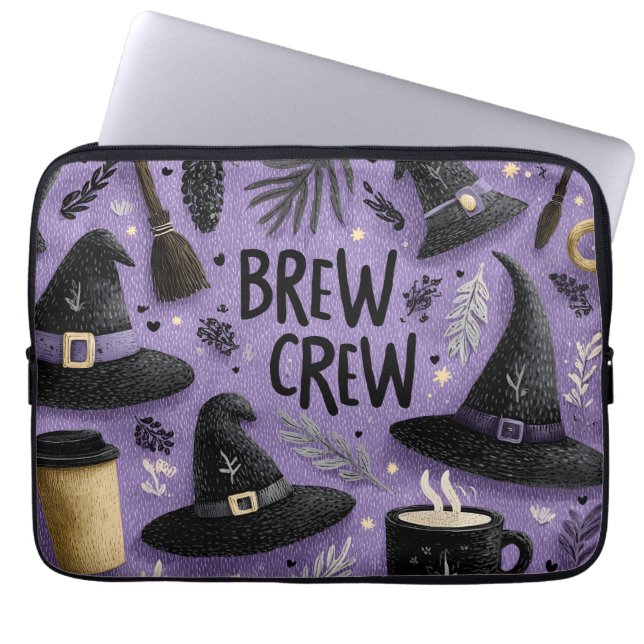 Brew Crew Graphic with Witch Hats, Coffee Mugs Laptop Sleeve (Front)