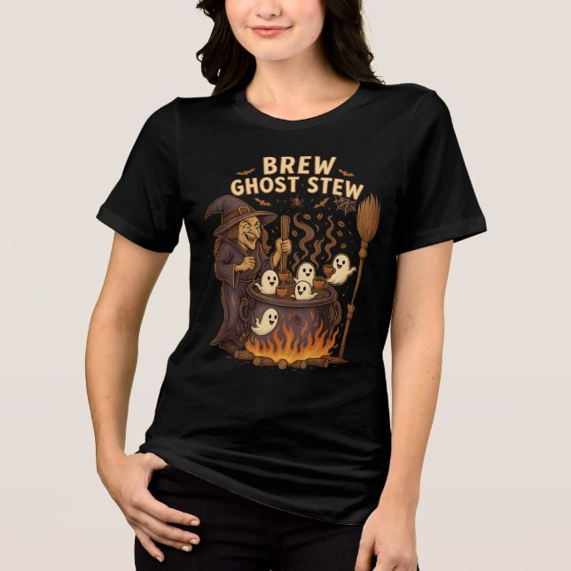 Brew Ghost Stew Witch Coffee Cauldron Halloween Tri-Blend Shirt (Front)
