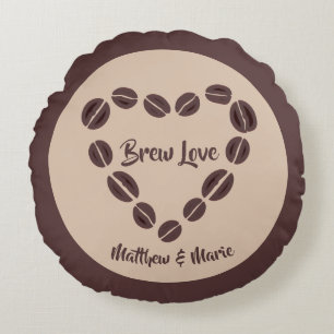 Brew Love Coffee Bean Heart Round Cushion