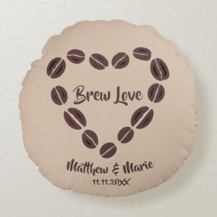Brew Love Coffee Bean Heart Round Cushion