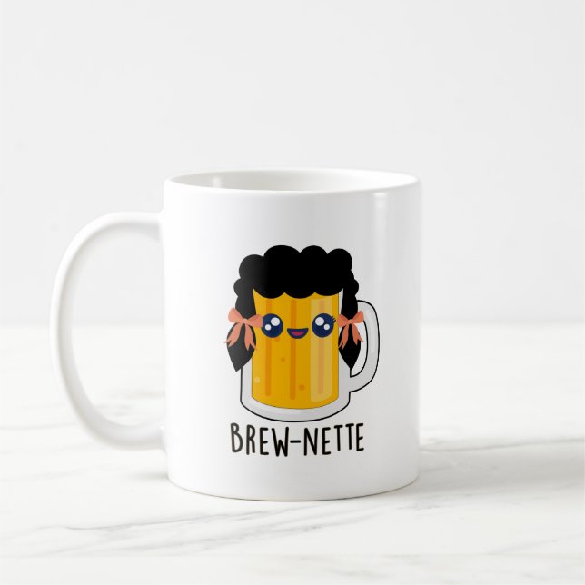 Brew-nette Funny Brunette Beer Pun Coffee Mug (Left)