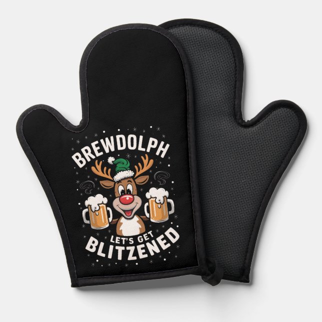 Brewdolph Let's Get Blitzened Christmas Reindeer B Oven Mitt (Front/Back)