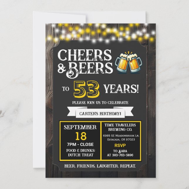 Brewery Birthday Cheers and Beers to 53 Years Invitation (Front)