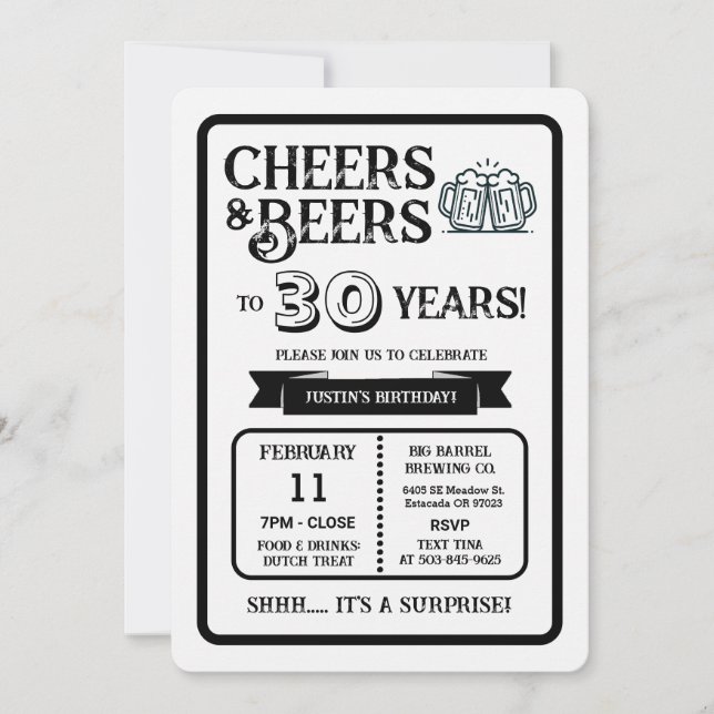 Brewery Surprise Cheers and Beers to 30 Years  Invitation (Front)