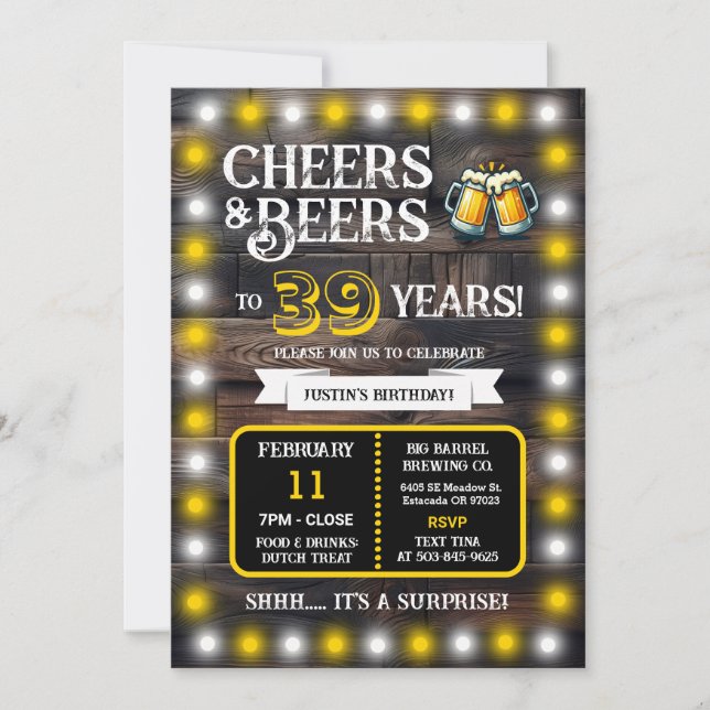Brewery Surprise Cheers and Beers to 39 Years Invitation (Front)