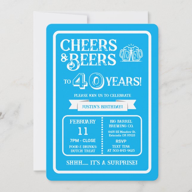 Brewery Surprise Cheers and Beers to 40 Years Invitation (Front)