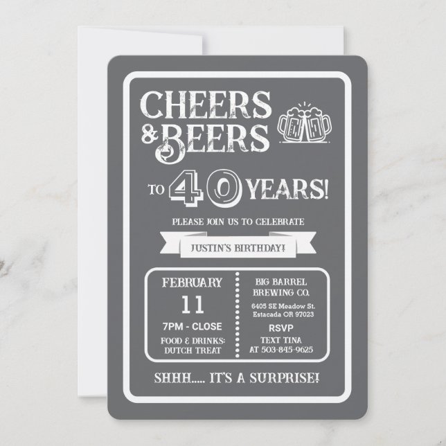 Brewery Surprise Cheers and Beers to 40 Years Invitation (Front)