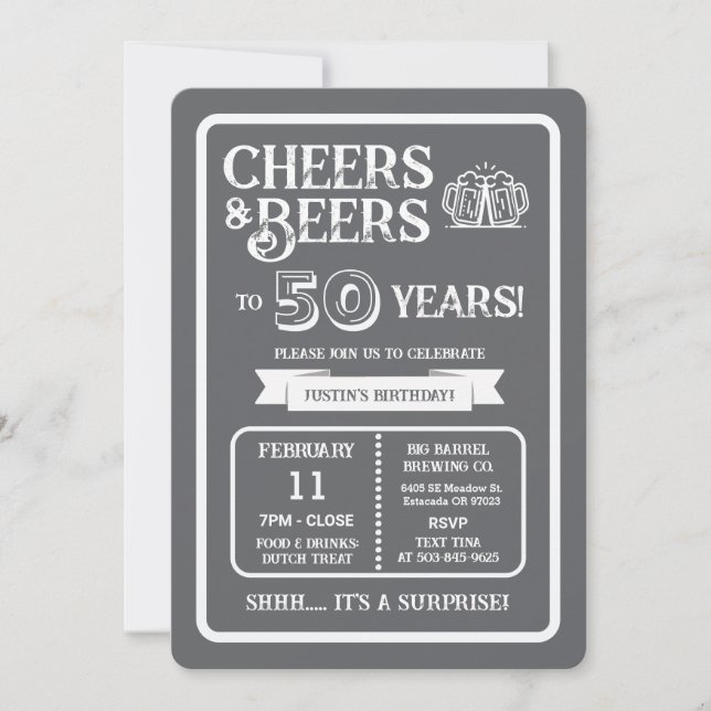Brewery Surprise Cheers and Beers to 50 Years Invitation (Front)