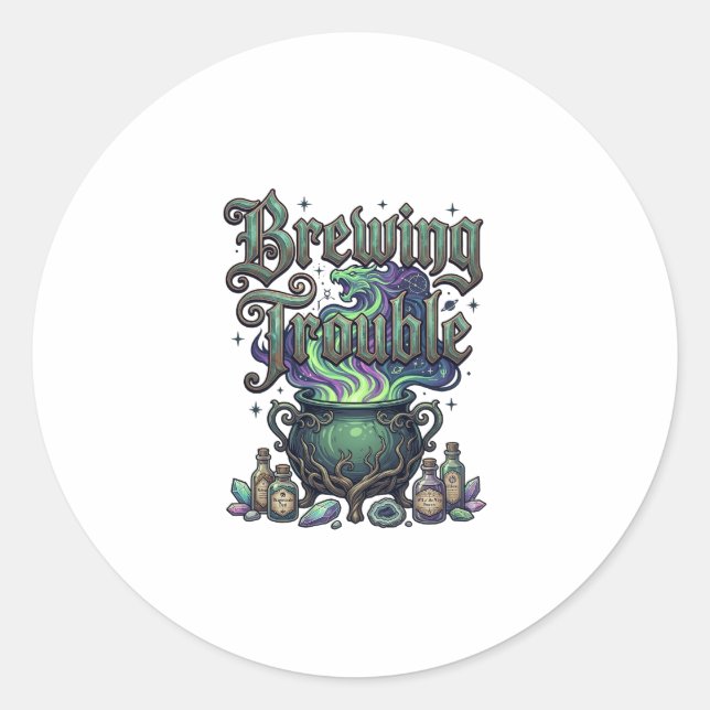 Brewing Trouble Cauldron Dragon Alchemy Crystals H Classic Round Sticker (Front)