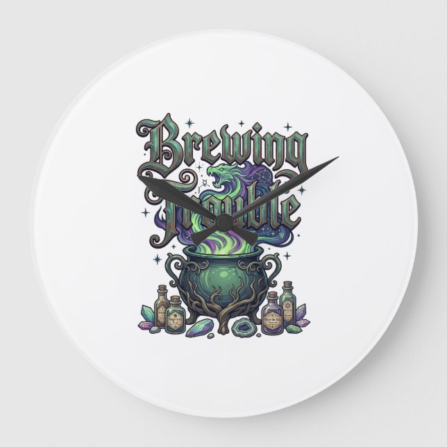 Brewing Trouble Cauldron Dragon Alchemy Crystals H Large Clock (Front)