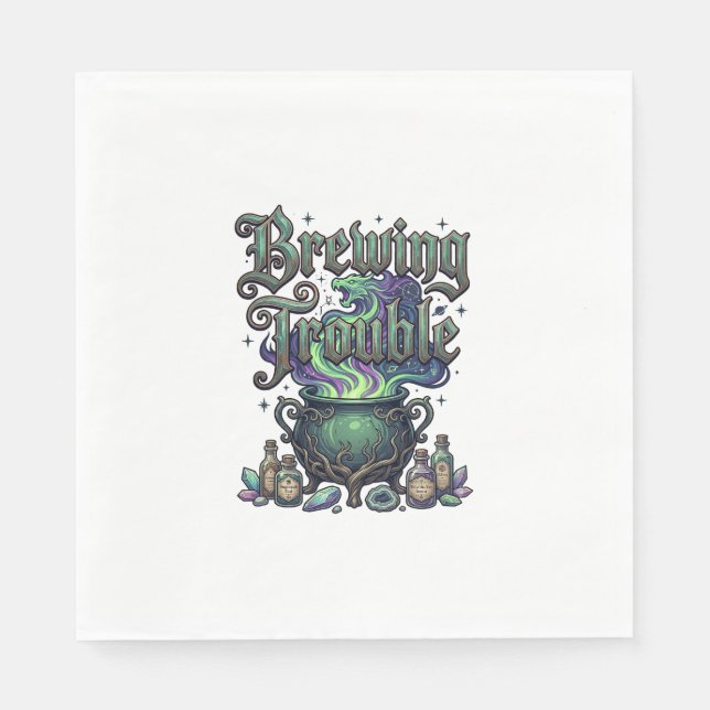 Brewing Trouble Cauldron Dragon Alchemy Crystals H Napkin (Front)