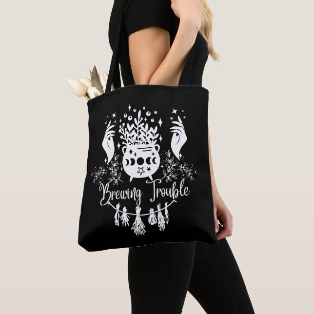 Brewing Trouble: Mischievous Witchy Design Tote Bag (Close Up)