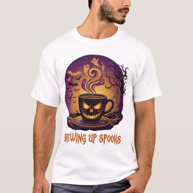 Brewing Up Spooks Halloween Coffee Cup Ghost Smoke T-Shirt (Front)