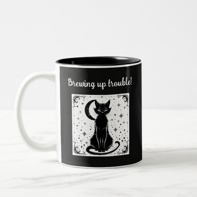 Brewing Up Trouble Black Cat Halloween Coffee Mug (Left)