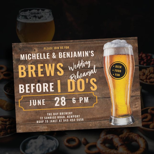 Brews Before I Dos Brewery Wedding Rehearsal Wood Invitation (brews before i dos wedding rehearsal dinner invitation brewery theme rustic wood board beer party)
