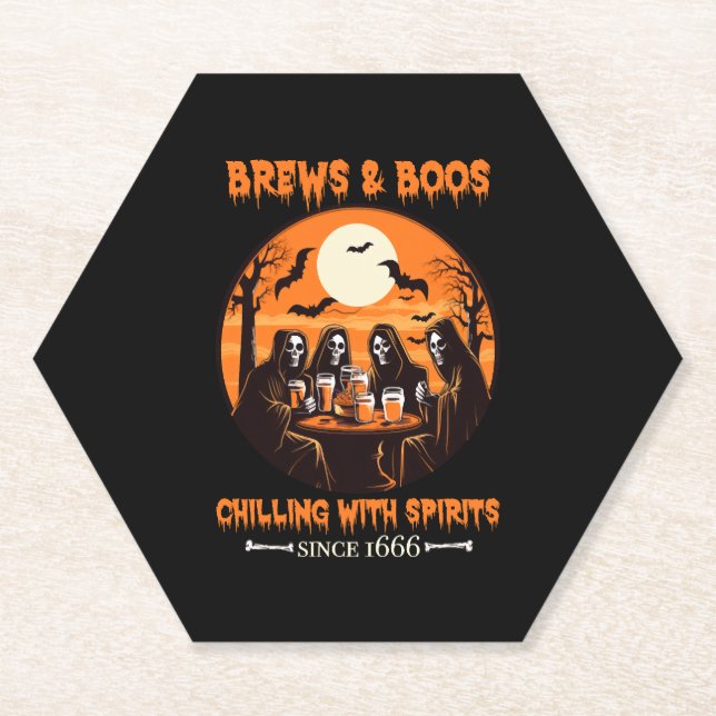 Brews & Boos - Chilling Halloween Ghosts Beer Paper Coaster (Front)
