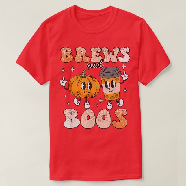 Brews & Boos Cute Fall Coffee Lover Retro Hallowee T-Shirt (Design Front)