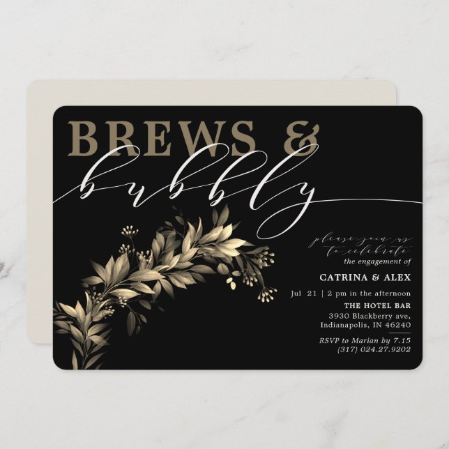 Brews Bubbly Black Beig Greenery Engagement Party Invitation (Front/Back)