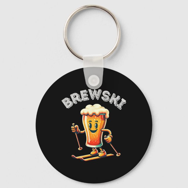Brewski Winter Skiing Beer Ski Retro Cartoon Funny Key Ring (Front)