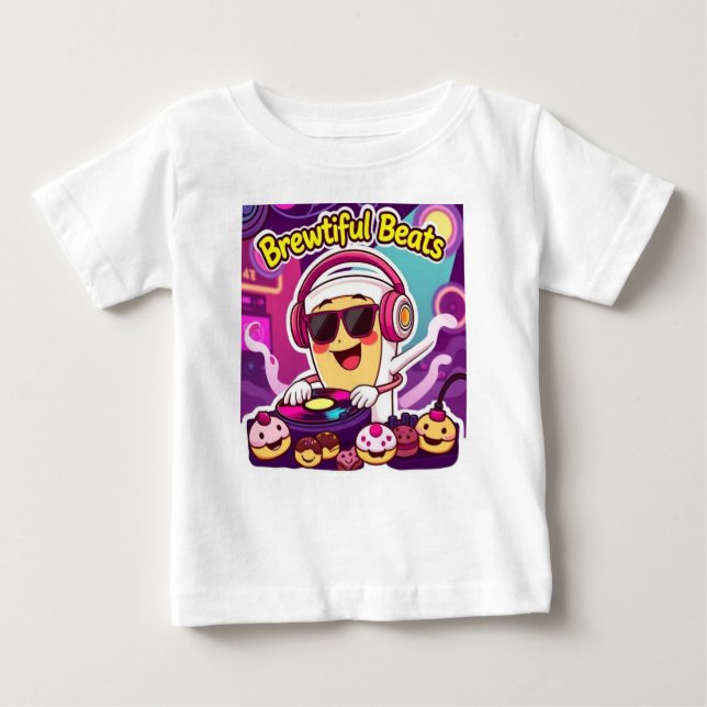 "Brewtiful Beats – DJ Coffee Cup Cartoon Sticker" Baby T-Shirt (Front)