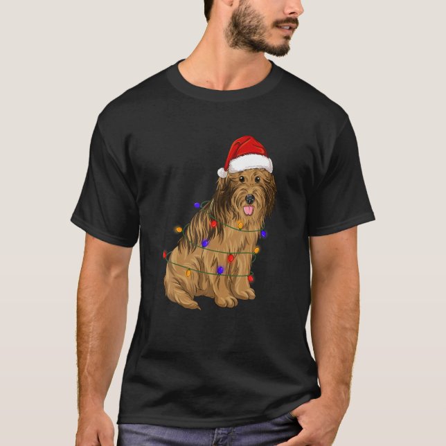 Briard Dog Wearing Christmas Hat Lights T-Shirt (Front)