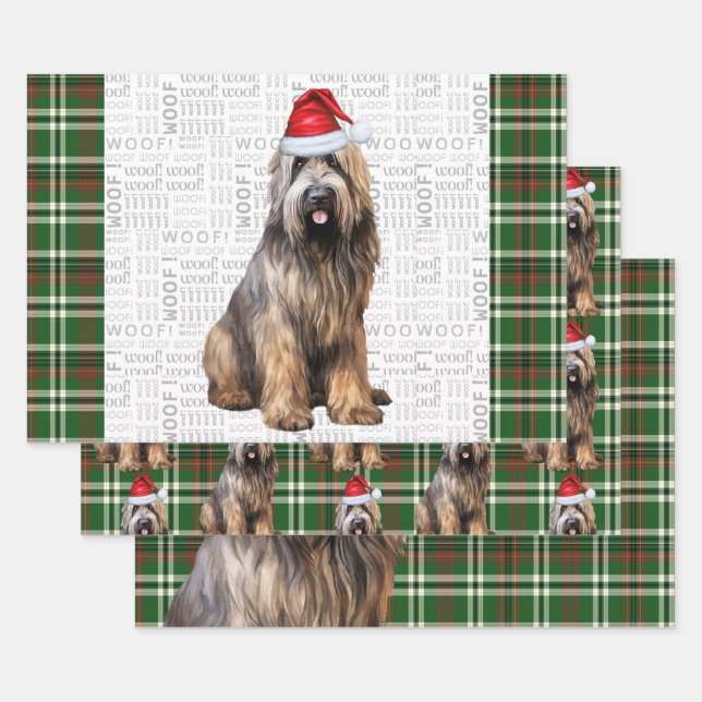 Briard Shepherd Christmas Dog Green Plaid Wrapping Paper Sheet (Set)