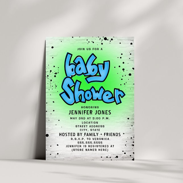 Brick Blue Green Graffiti 90s Hip Hop Baby Shower Invitation (Creator Uploaded)