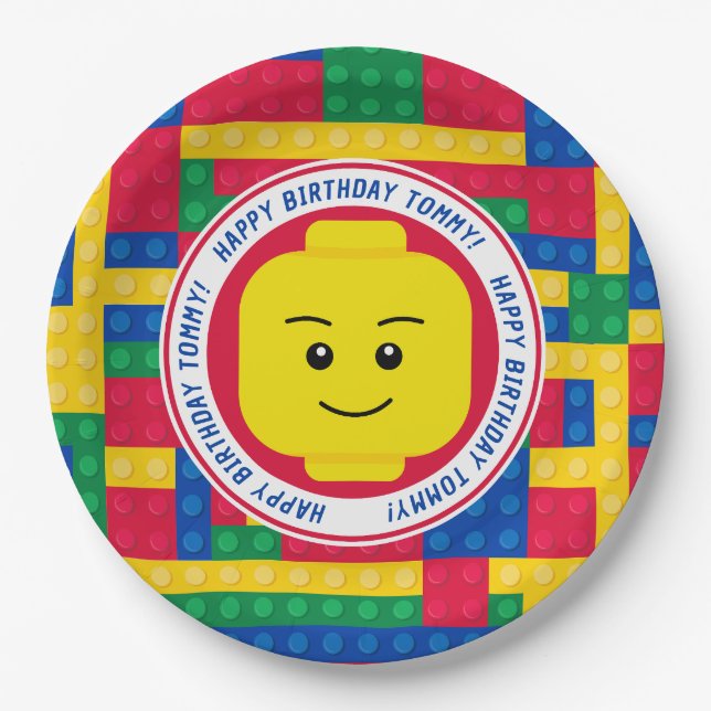 Brick Builder Man Customisable Birthday Paper Plate (Front)