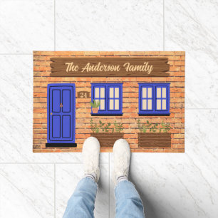 Brick House with Blue Door Custom Text Doormat
