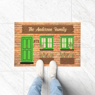 Brick House with Green Door Custom Text Doormat
