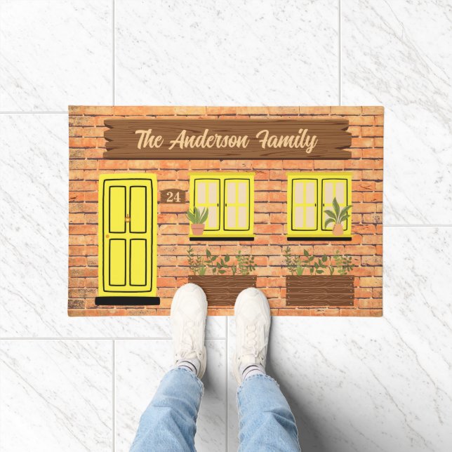 Brick House with Yellow Door Custom Text Doormat (Indoor)