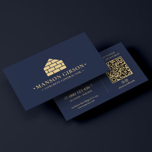 Brick Mason Dark Navy Concrete Contractor Logo QR Business Card