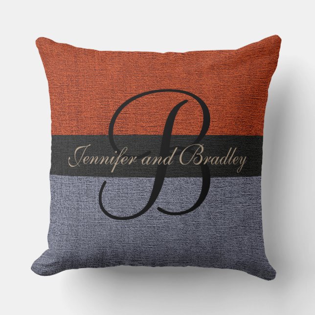 Brick Red and Grey Elegant Monogram Wedding Cushion (Front)