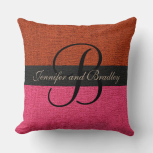 Brick Red and Pink Elegant Monogram Wedding Cushion