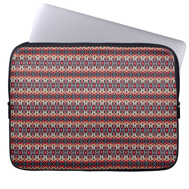Brick red, cream and black feathered pattern laptop sleeve (Front)