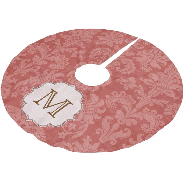 Brick Red Damask Lace Monogram Initial Tree Skirt (Angled)