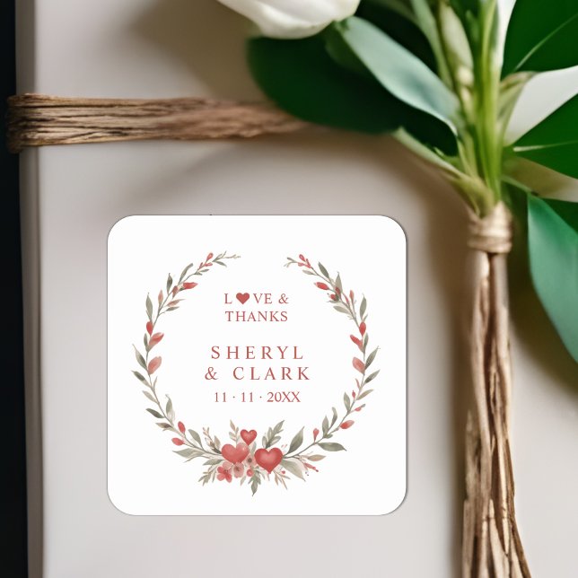 Brick Red Floral & Hearts Romantic Wedding Garland Square Sticker (Brick Red Floral & Hearts Romantic Wedding Garland Square Stickers. )