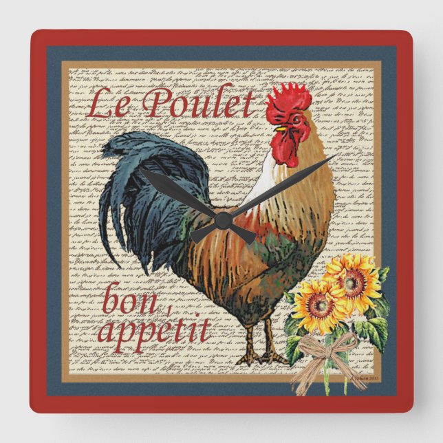 Brick Red French Country Kitchen-Rooster Square Wall Clock (Front)