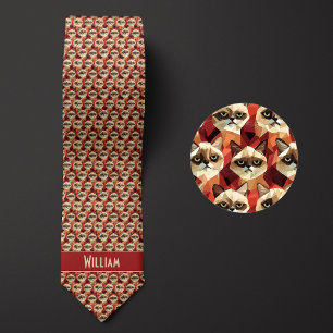 Brick Red Geometric Cat Pattern Tie
