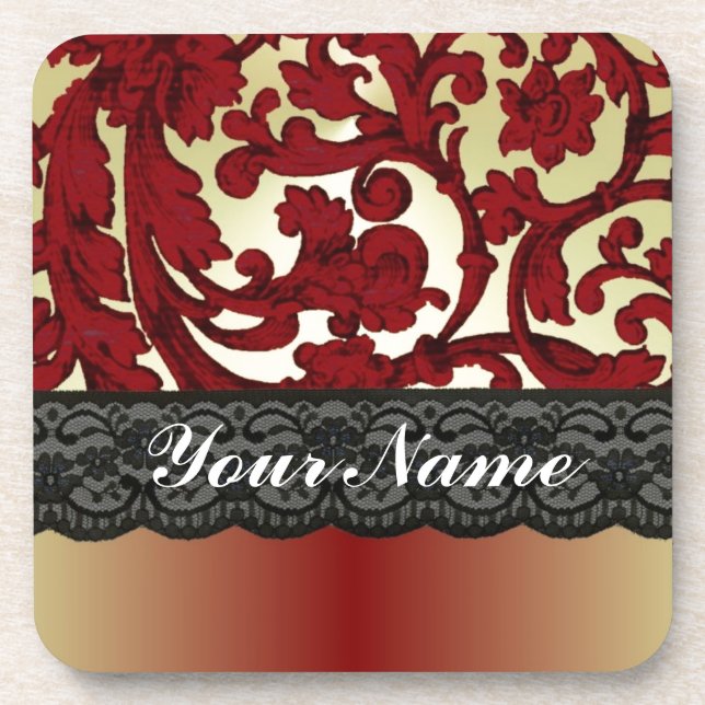 Brick red & gold damask coaster (Front)