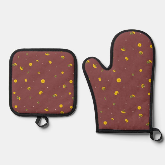 Brick Red Japanese Dandelion Floral Pattern Oven Mitt & Pot Holder Set (Front)