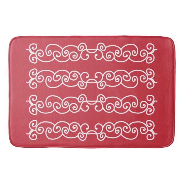 Brick red white scrolls bath mat (Front)