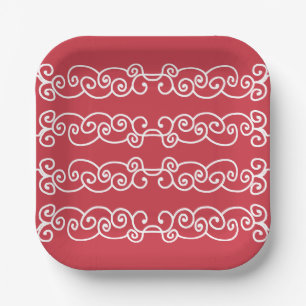 Brick red white scrolls paper plate