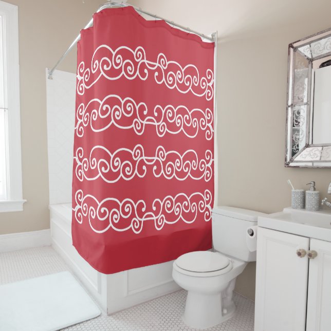 Brick red white scrolls shower curtain (In Situ)