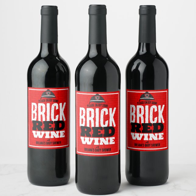 Brick Red Wine Firefighter Wine Bottle Labels (Brick Red Wine Firetruck Baby Shower Wine Labels - Cute & Unique Addition to your Baby Shower)