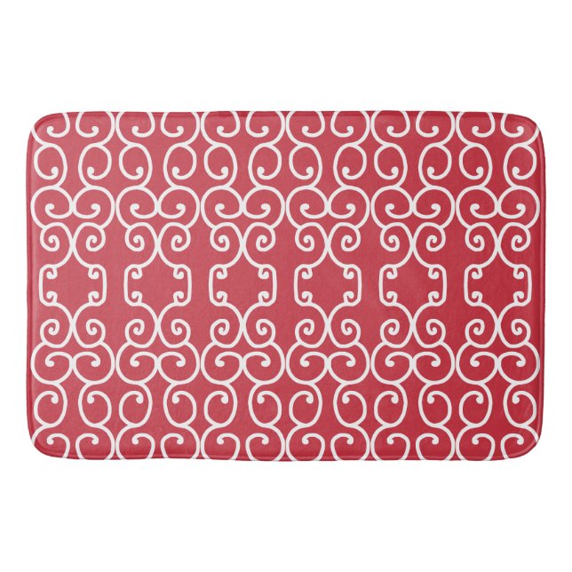 Brick red with white scrolls bath mat (Front)
